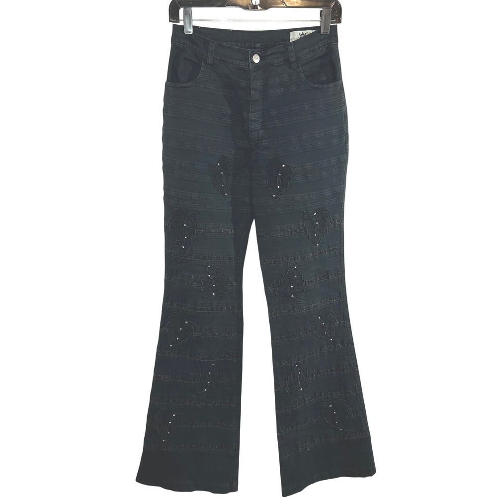 LAFEI NIER Black Flare Jeans Leaf Embellishments Rhinestones‎ Womens Size 28
